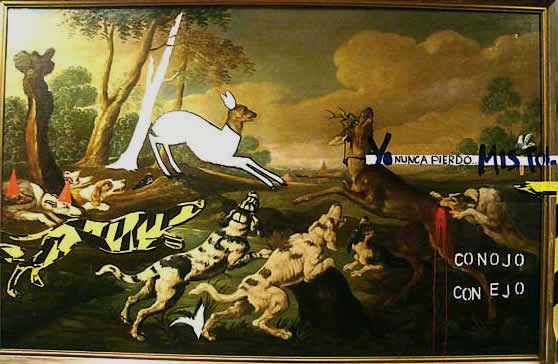 Detalle del Environment (Cuadro sobre caballete) - Intervención pictórica de la artista sobre una escena de cacería costumbrista pintada al óleo