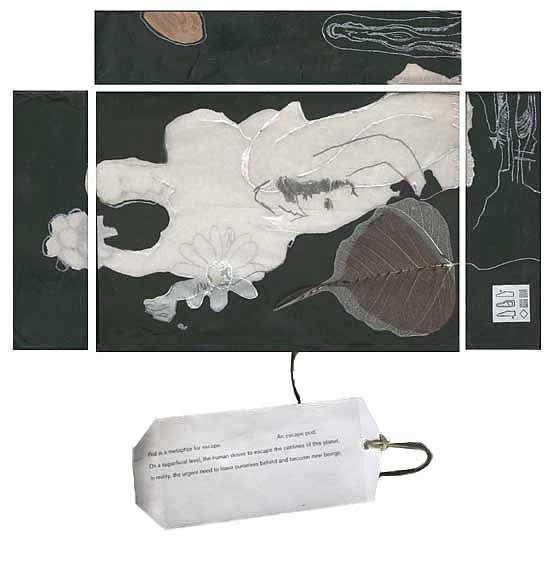 La luz del ciego - pieza pictórica nº4 - Grafito, tinta, gouache, hojas secas, collage sobre papel seda, etiqueta y cordel 14x20x4cm (variable), 2007