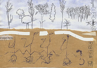 Ribera de Duero - pigmentos naturales, ready made, tipex, grafito y collage sobre papel, 14x9 cm. 2006-07.