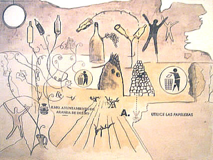 Eco-Lógica - tránsfer, grafito, vino, cafe y gouache sobre tela, 30x40cm. (2007)