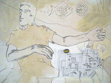 La Soledad, Calatañazor - Tránsfer, gouache, café, grafito y collage sobre tela, 30x40cm. (2007)