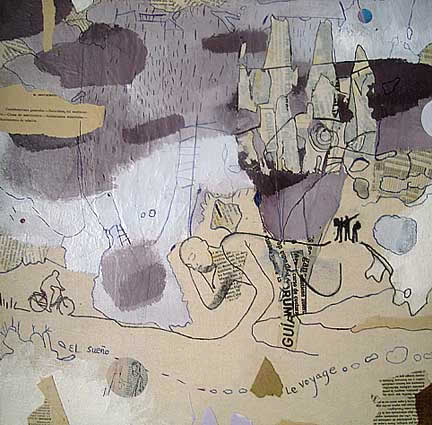 El sueño (le voyage) - Acrílico, tinta y collage sobre tela, 44x44cm. (2008)