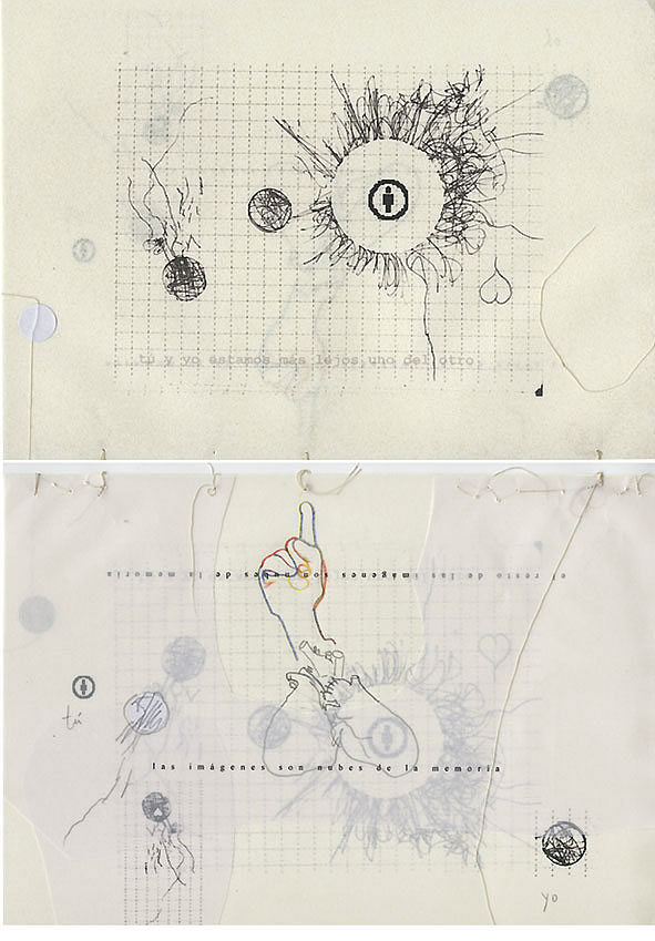 1. Tú y Yo - Grafíto, lápiz de color, impresión digital, cosidos y collage sobre papel vegetal y satinado. Formato dinA3 (desplegado), dinA4 (plegado), 2009