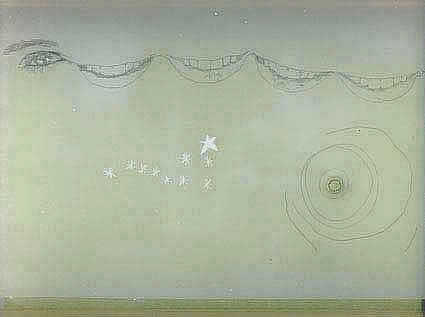 deneb  xilografía sobre orashi , grafito y quemadura de cigarrillo sobre papel vegetal, 32'5x26'5cms cms, 2006.