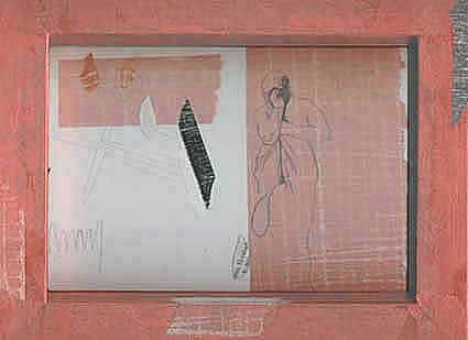  la ferocidad es realmente  enmarcado pictrico (collage y  xilografa sobre madera) - xilografa sobre orashi, grafito y collage sobre papel vegetal, 233x293x3cm cms, 2006.